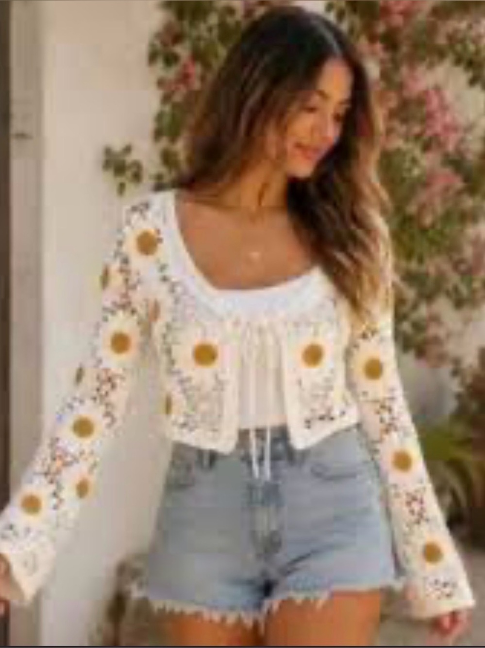 Jessica Simpson Daisy Crochet Lace Crop Cardigan White & Beige Retro Boho Sz XL